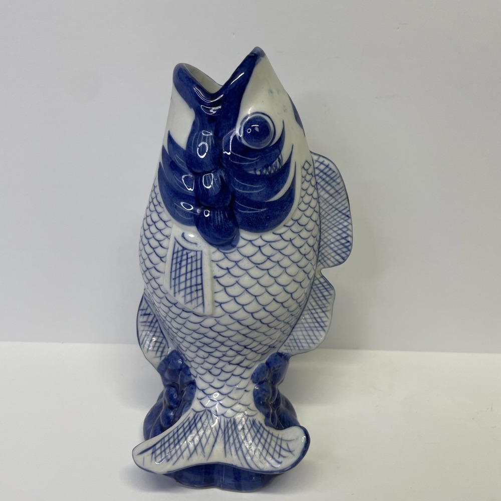 Koi Fish Vase Blue And White Porcelain Approx 9" Tall